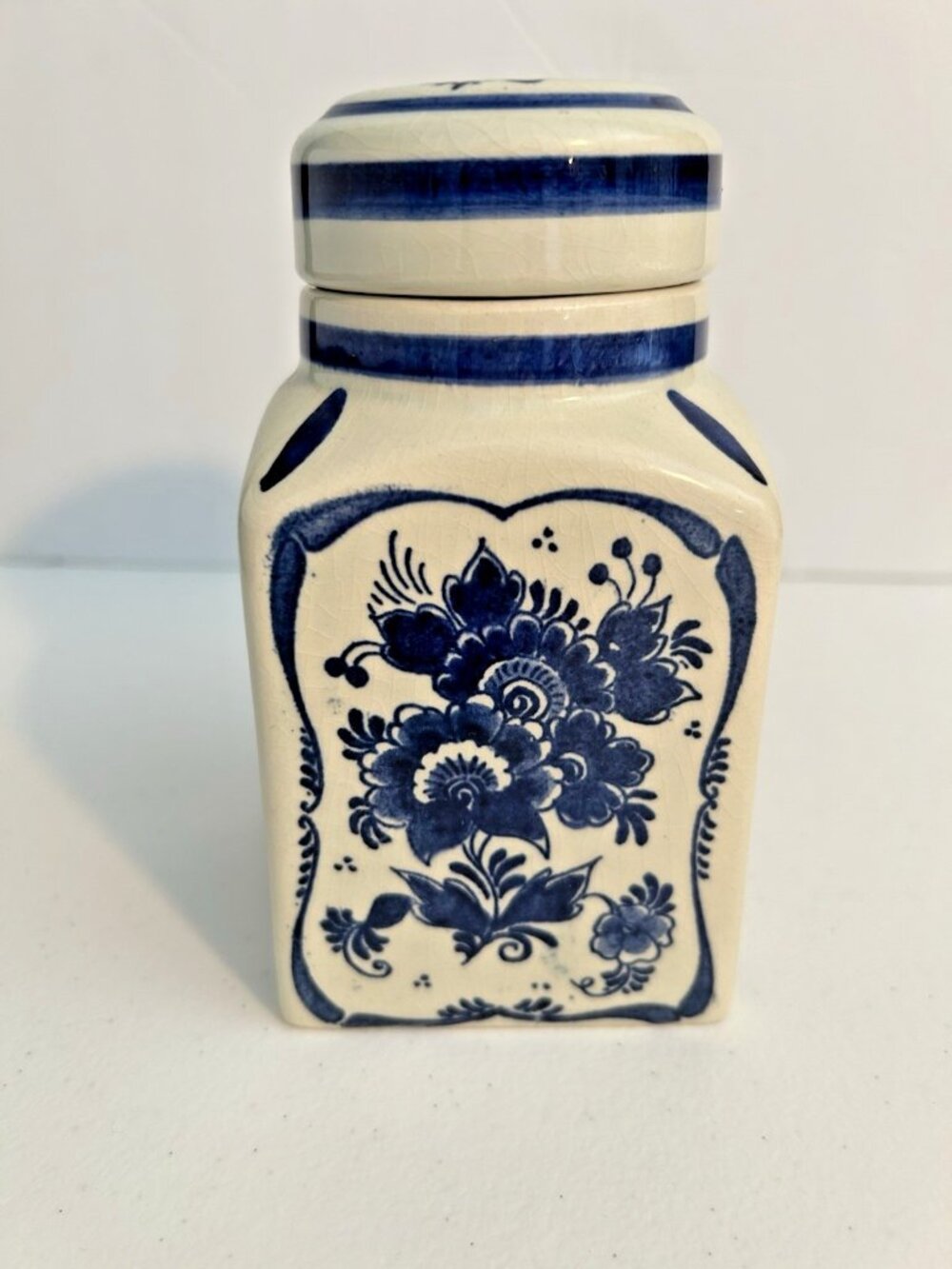Delft Cobalt Blue White Spice Tea Square Apothecary Jar All Over Painted Floral